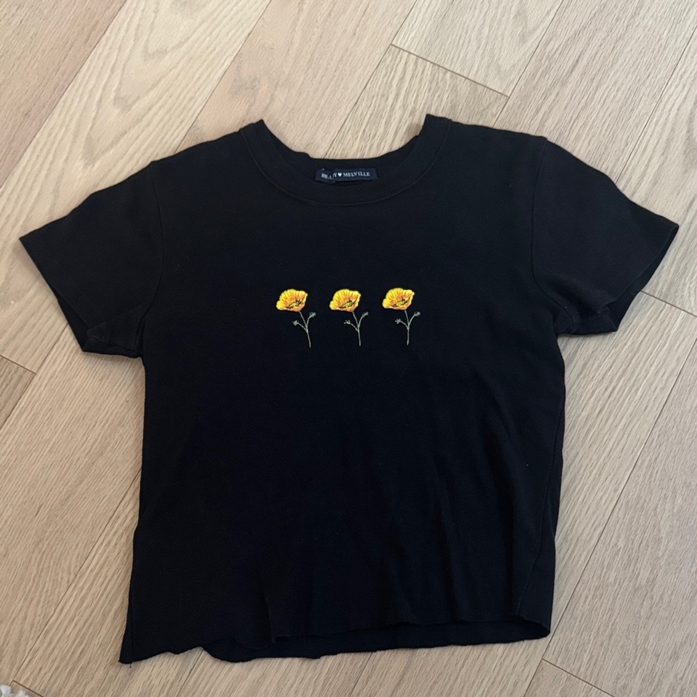 Brandy Melville Black Tee with Yellow Floral Design